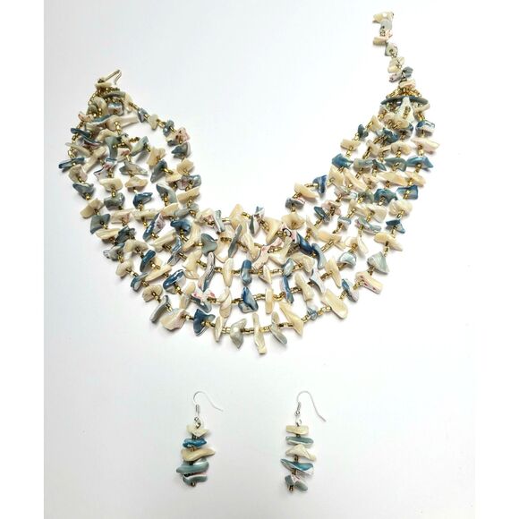 Vintage Multi Strand Abalone Sea Shell Choker Necklace Earrings Set Resortwear - Picture 1 of 6